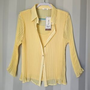 Nicola Pale Yellow Pleated Sheer Button-Up Blouse with Tank